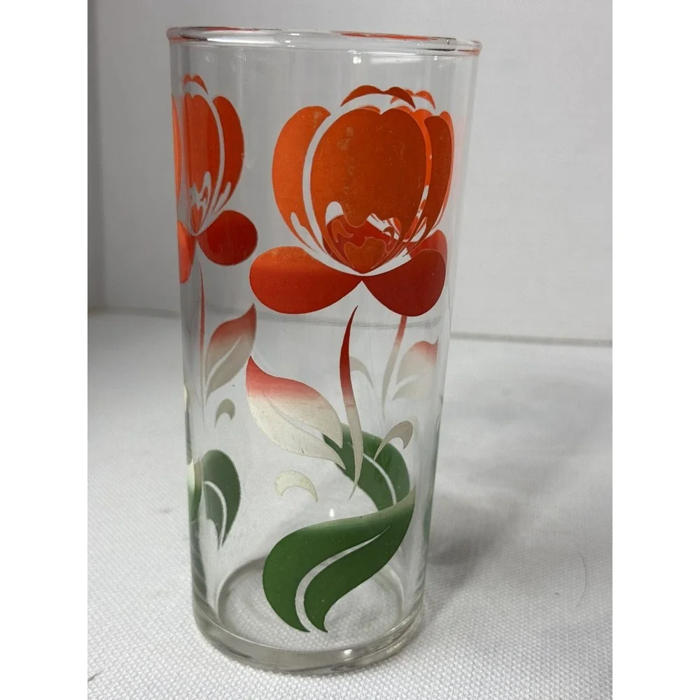 MCM Clear‎ Red Orange Tulip Green Leaf Juice Glass